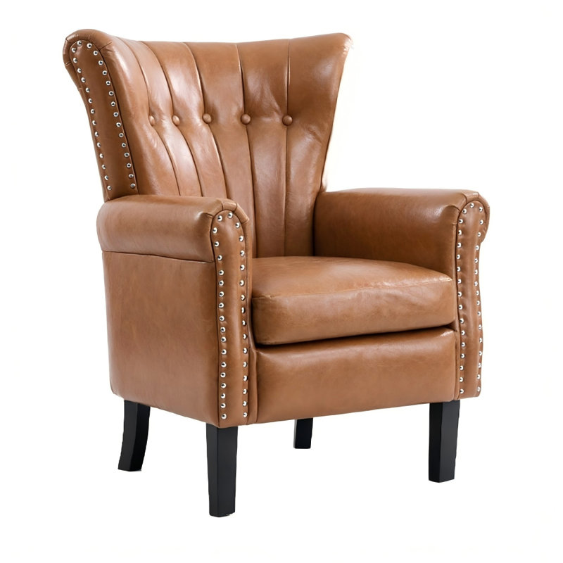Velvet Accent Chair Upholstered Tufted Wingback With Nailhead Around For Room, Light Brown Faux Leather