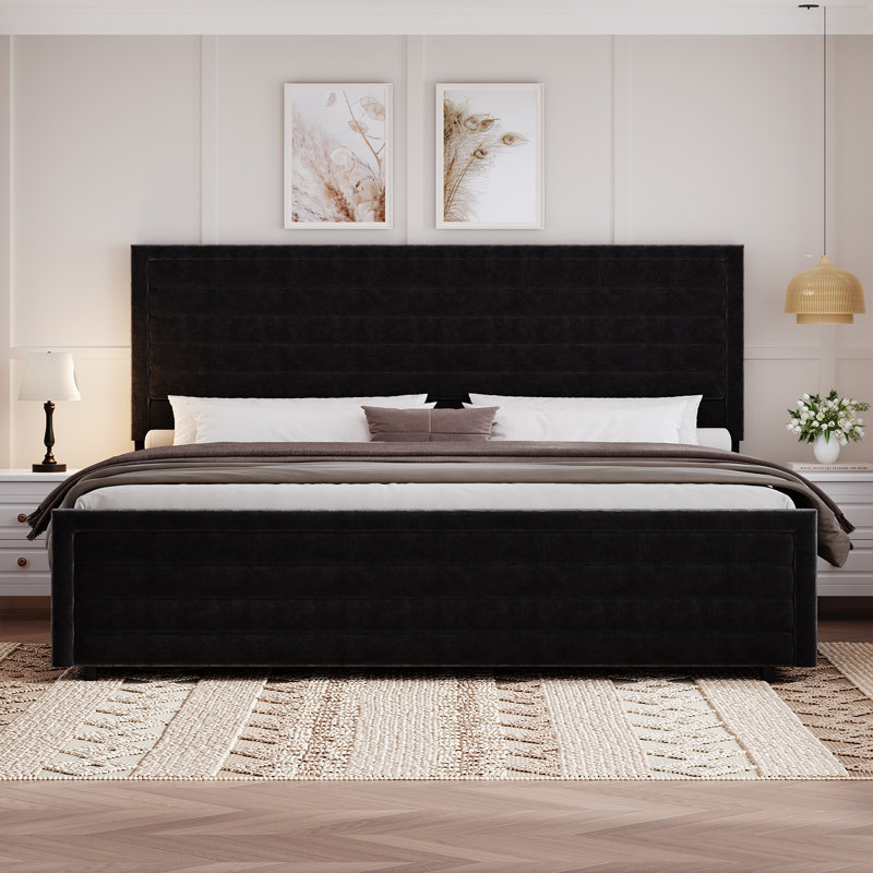 Bed Frame, Upholstered Platform Bed with Velvet Headboard and Footboard, Mattress Foundation with Wooden Slats, Black, King