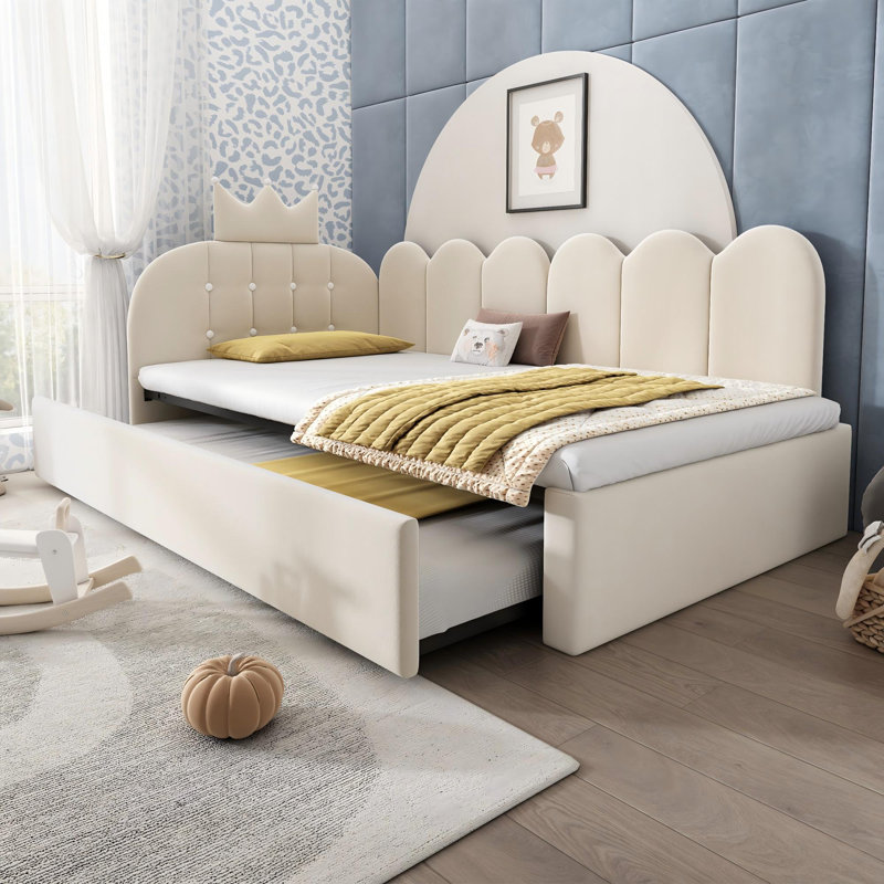 3ft Daybed With Trundle Bed Velvet Green, Beige