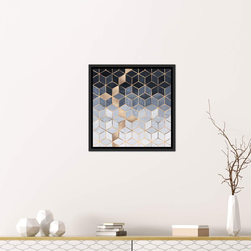 «Soft Blue Cubes» par Elisabeth Fredriksson - impression d'art graphique, Toile avec cadre noir, H 18 po x l 18 po x 1,5 po