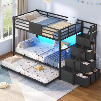 Twin Size Metal Bunk Bed With Trundle Bed & Rgb Led Lights, Modern Bunk Frame With Multi Storage, Full-Length Guardrail & Step Ladder, No Box Spring Needed For Bedroom
