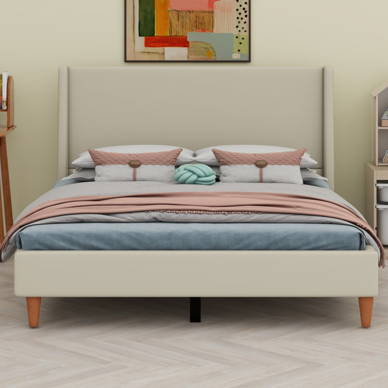 Lit plateforme tapissier avec tête de lit à oreilles et pieds en bois, Beige, Grand lit