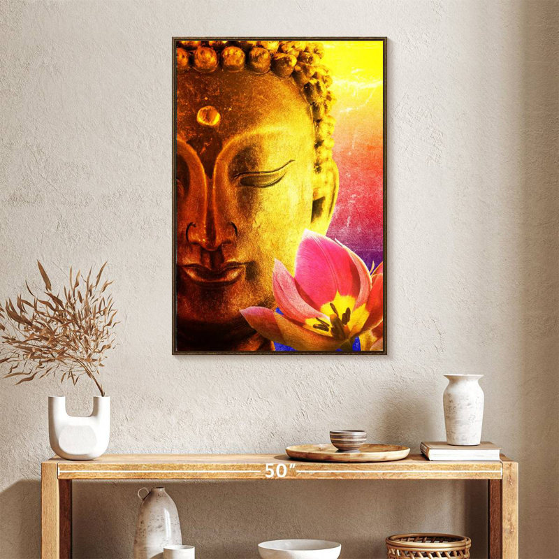 Superbe Bouddha, 25 po x 37 po, Cadre flottant noyer