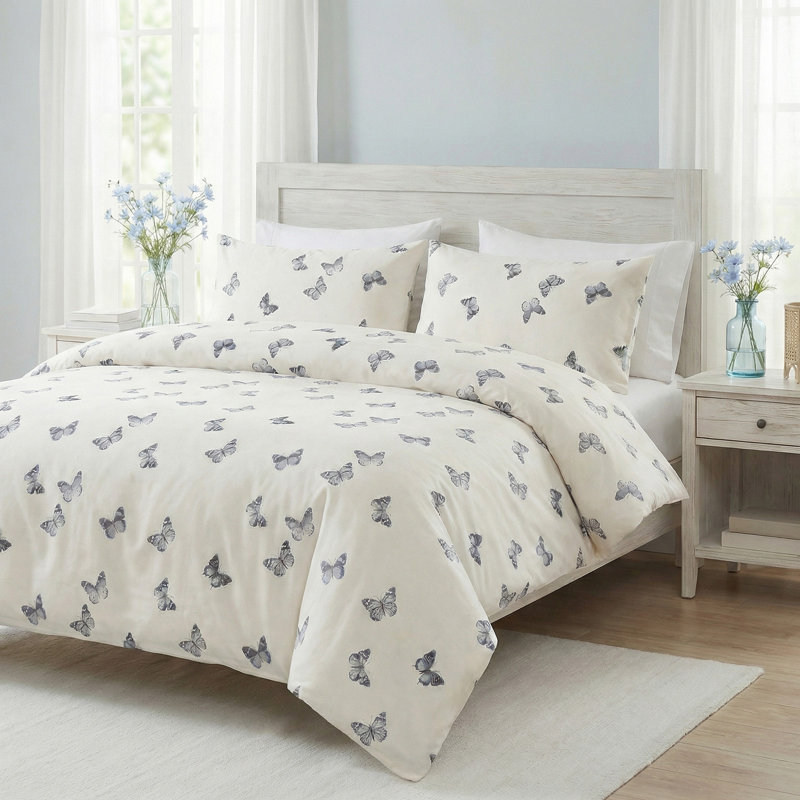 Ensemble de housse de couette papillon 100% coton, housse de couette 100% coton 3 pièces Housse de couette mignonne à imprimé papillon avec fermeture à glissière Housse de couette douce et légère en coton