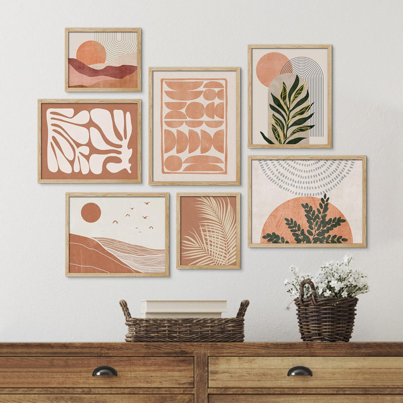 " Mid-Century Palm Leaf Geometric Landscape Abstract " 7 - Pieces, Natural Framed
