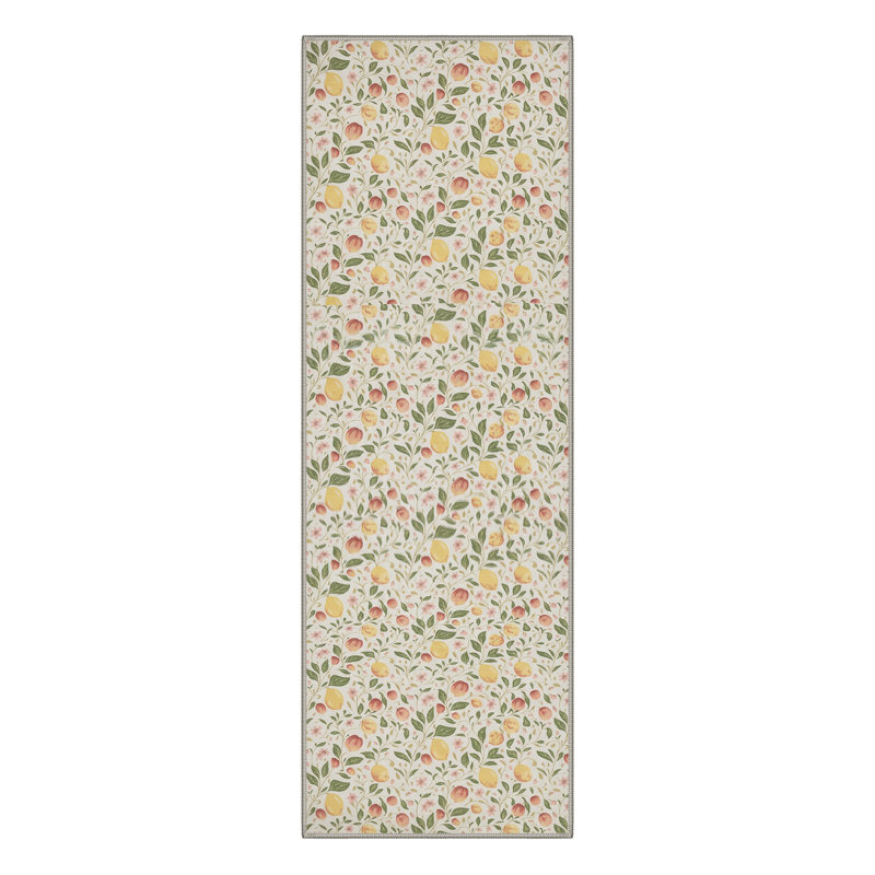 Boho Fruit Foliage Machine Washable Blush Peach Indoor Area Rug With Non-Slip Backing, Runner 2' x 6'