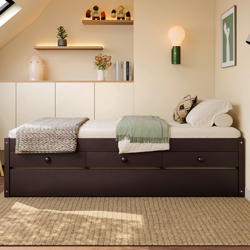Lit plateforme simple avec lit gigogne et 2 tiroirs, lits en bois massif avec barre d'alimentation, espresso, Simple