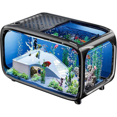 10-Gallon Landscape Aquarium with Feeding Hole, Clear Acrylic Nano Tank for Aquatic Pets, Snails, Betta Fish, Shrimp, Turtles