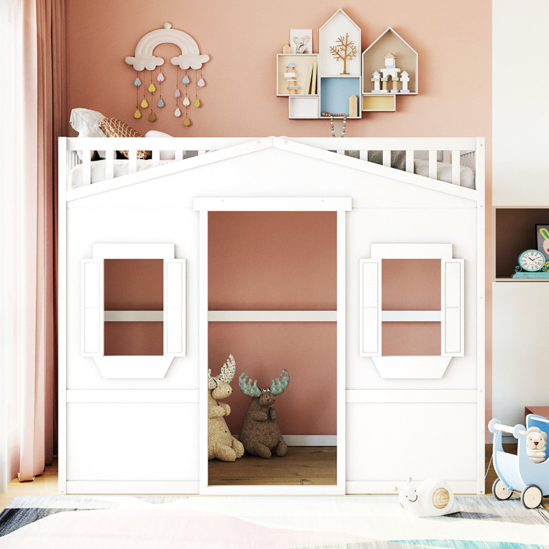 Lit mezzanine double avec lit en bois de pin massif blanc pour une durabilité accrue, Full, Blanc