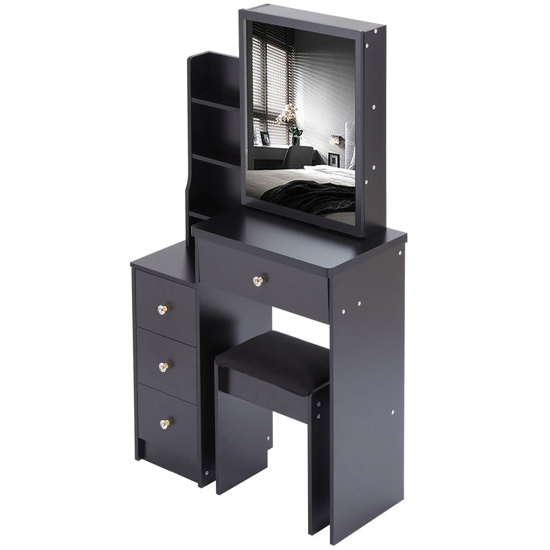 Petit meuble de chevet à gauche avec table de chevet + tabouret rembourré, très grand miroir coulissant à droite, rangement multicouche à grande capacité, commode pratique et pratique, convient aux petits espaces