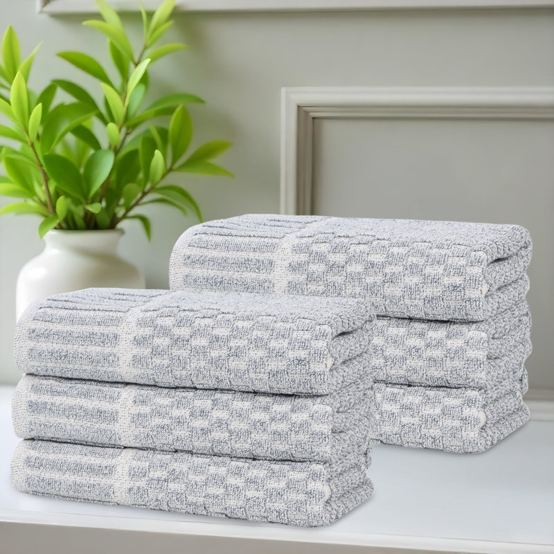 Blue Nile Mills Viscose Cotton Blend Hand Towel Set - Checkered Texture - Quick-Dry, Fade-Resistant, Denim Blue