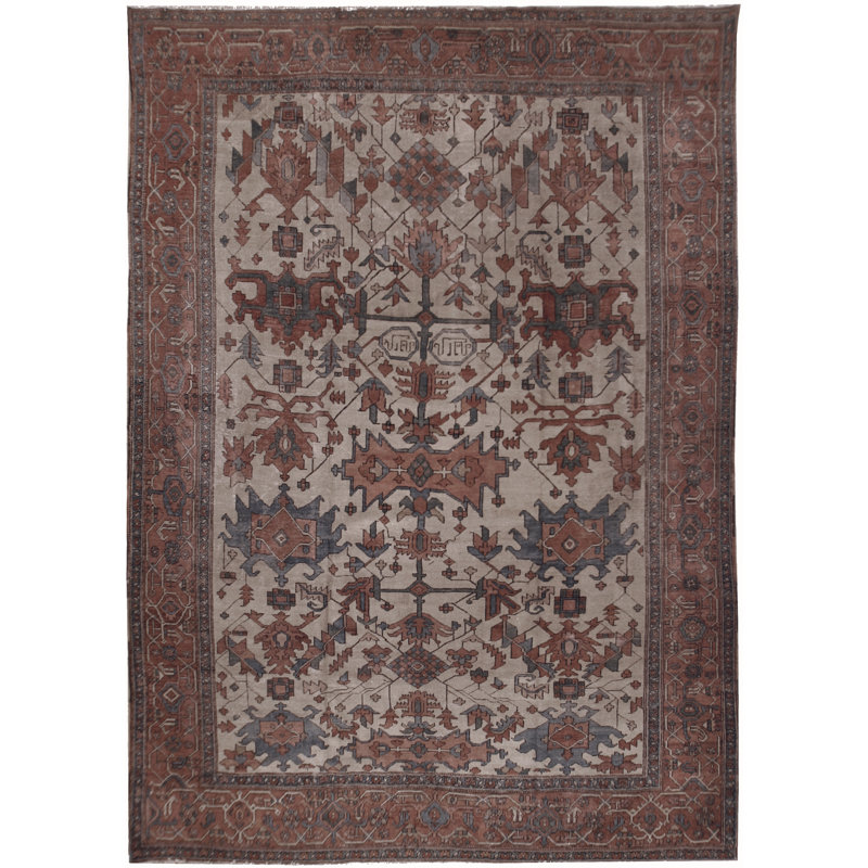 Tapis unique en laine noué à la main avant 1900 rouge / beige / bleu marine de 9 pi 10 po x 12 pi 5 po