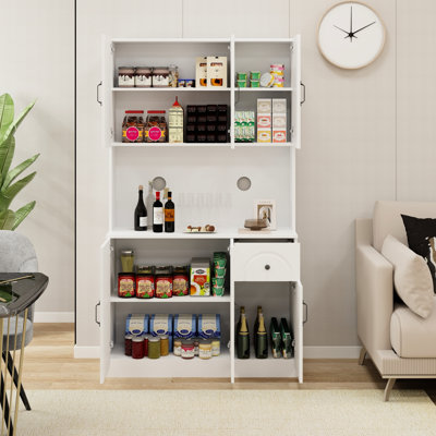 71" Kitchen Storage Cabinet With Microwave Countertop, 6 Doors, 1 Drawer, Adjustable Shelves, - Painted E1 , Easy Assemble White Freestanding Pantry Oven Door And Drawer Cabinet, Shelves For Efficient