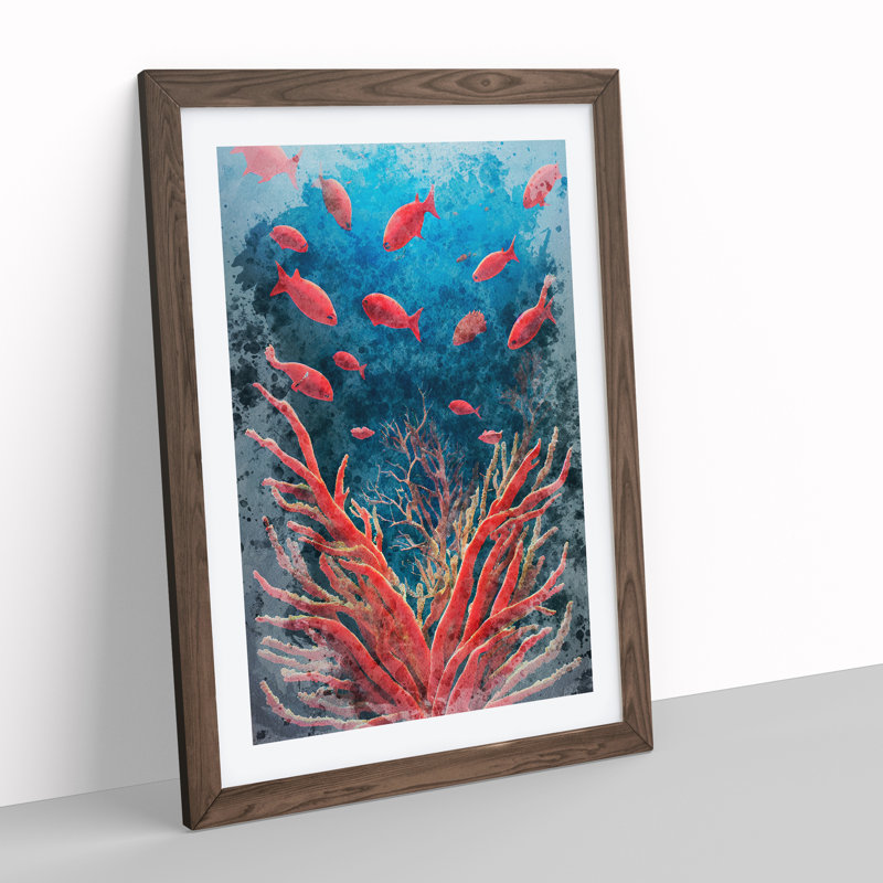 Fish By The Coral Reef - Single Picture Frame Print, 34cm H x 25cm W x 2cm D, Walnut