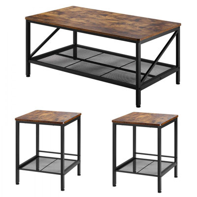 3 Pieces Living Room Table Sets, 41.3 in Industrial Coffee Table with 2 Square End Side Tables, Easy Assembly Coffee and End Tables Sets with Metal Legs, for Office, Living Room & Apartment