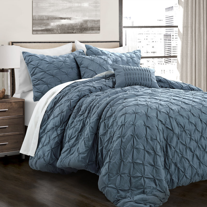 Lush Decor Ravello Pintuck Comforter Set, Stormy Blue, King Comforter + 2 King Shams + 2 Throw Pillows