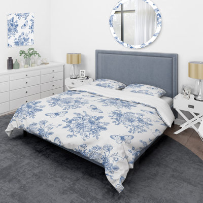 Fleurs bleues et papillons bleus II - ensemble de housse de couette floral - microfibre de polyester