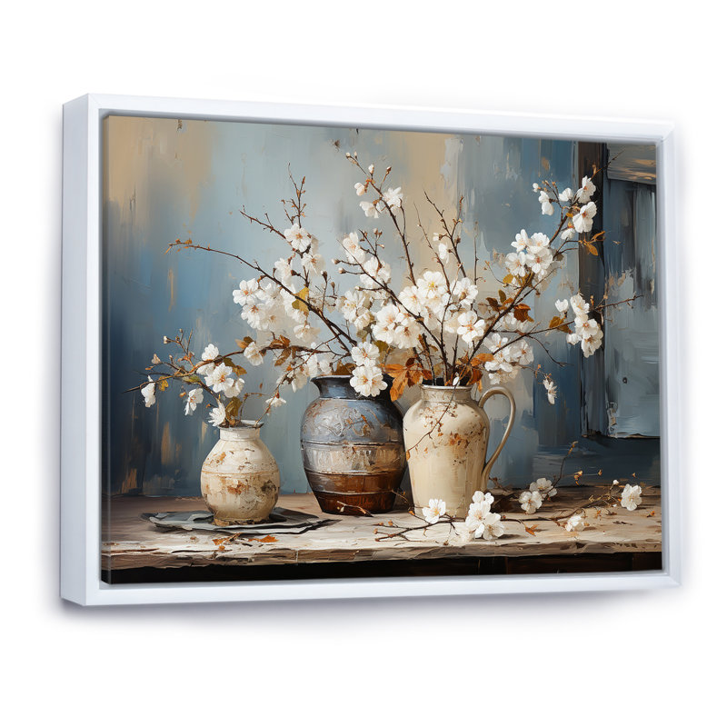 Art mural de poterie et de fleurs nature morte I, Reproduction avec cadre flottant, H 12 po x l 20 po, Blanc