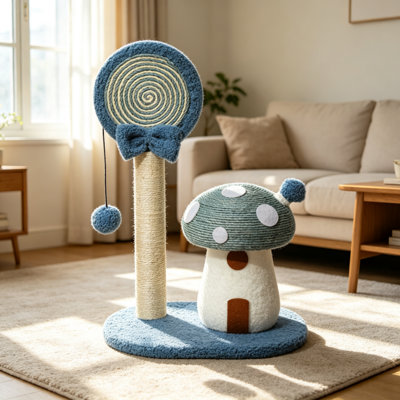 Grattoir à champignon avec tour en corde de sisal et jouet suspendu interactif