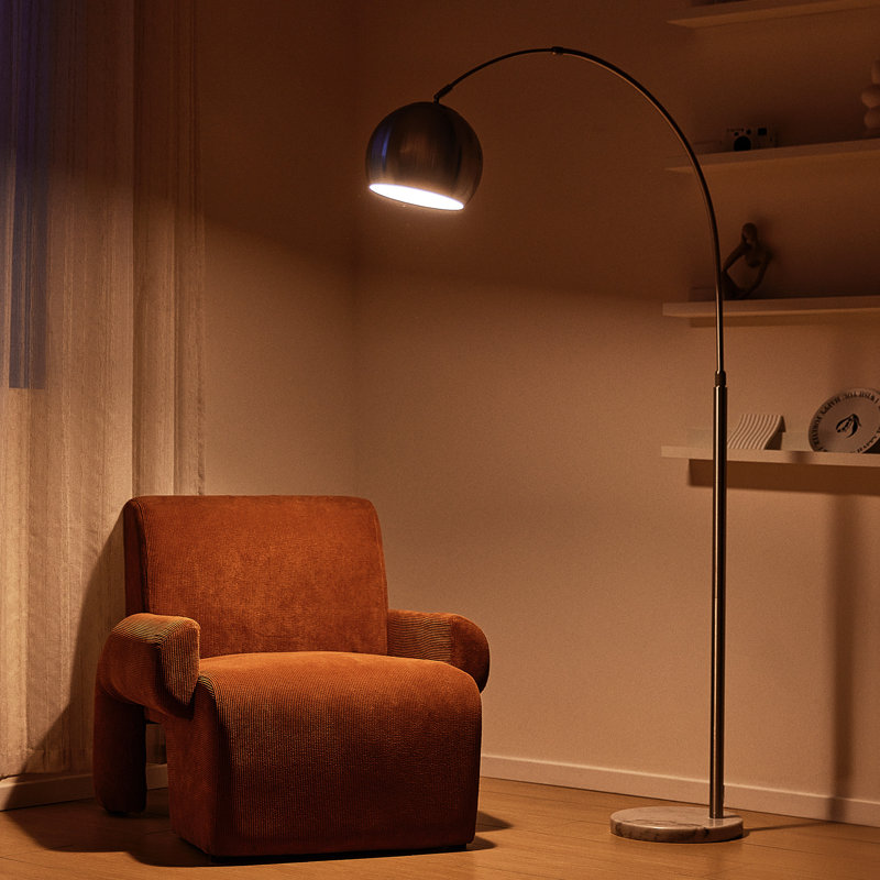 Lampe sur pied à arche 70 po avec ampoule DEL Robiul, Base brossée / abat-jour argenté