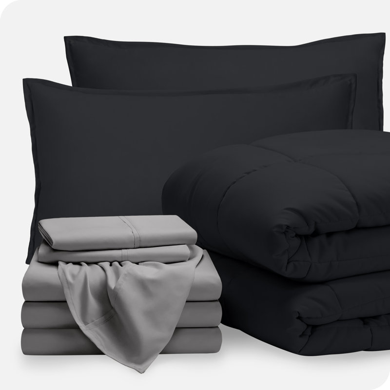 Microfiber Bed-In-A-Bag, Black/Light Gray, Split King Comforter + 7 Additional Pieces