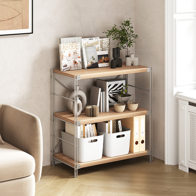 Industrial Style Wooden Bookcase With Fixed Shelves, (3 Shelves) 35"H x 24"W x 12"D, Natural/Silver