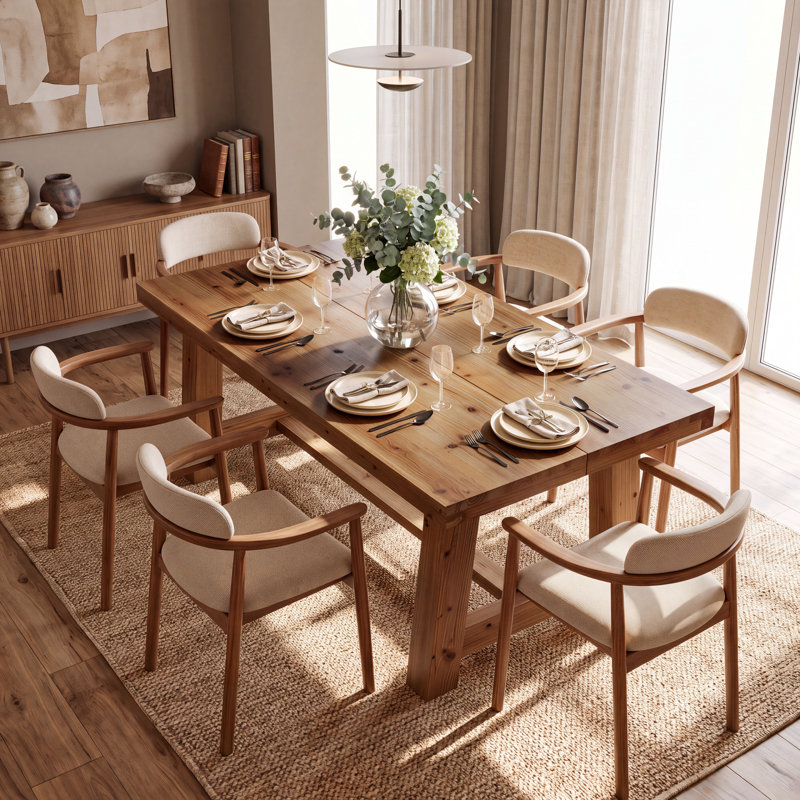 Table de salle à manger rectangulaire en bois de sapin massif 63 po pour 4-6, table de cuisine en bois naturel avec base à tréteaux et plateau de table épais de 2 po