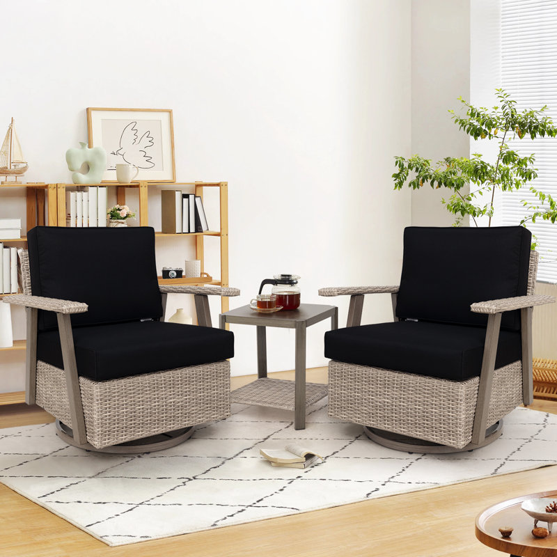 Arusha Antilles Howton 3-Piece 360-Degree Oversized Resin Wicker Outdoor Swivel Rocker Patio Chairs Set, Black
