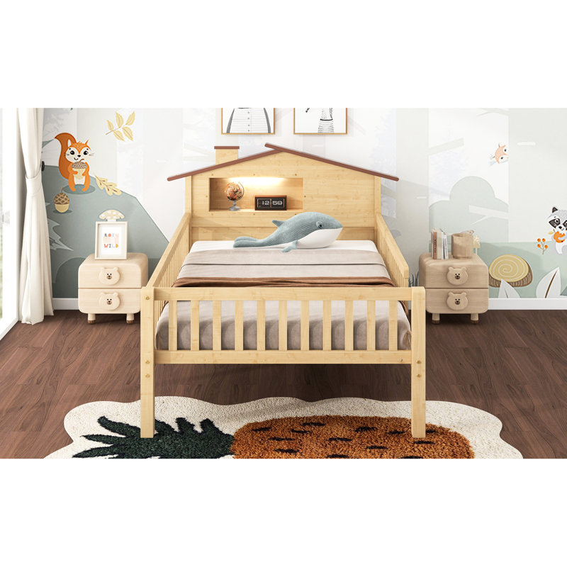 Lit plateforme simple avec tête de lit style maison, rangement à DEL et encastré - chambre à coucher rustique silencieuse, tête de lit et splendeur de bois