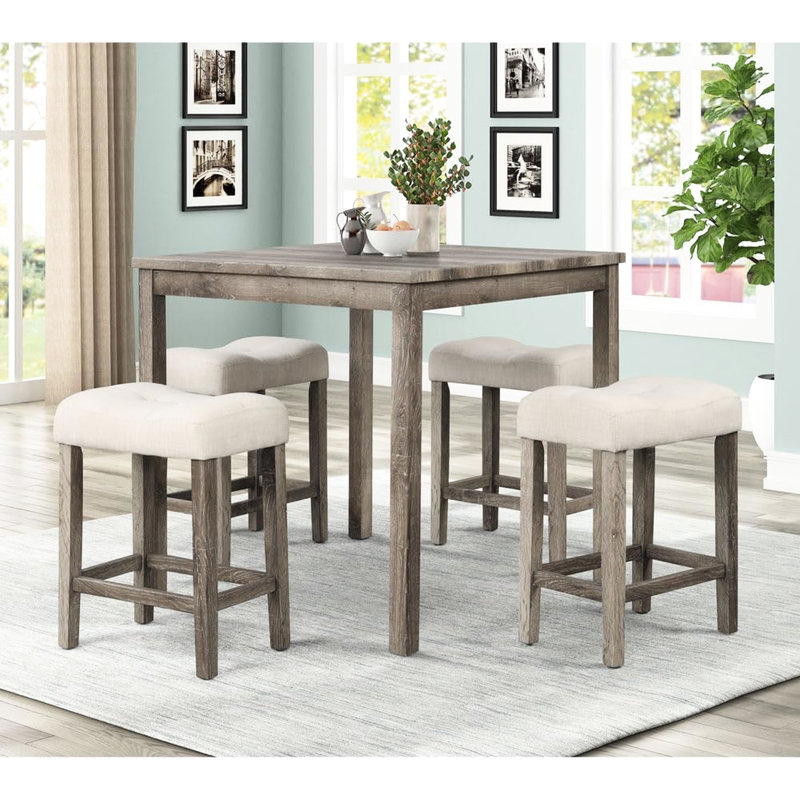 36 - Inch Square Oak Dining Table And 4 Counter Height Stools, 5 Piece Transitional , Engineered Hardwood, Suitable For Room With Linen Blend Fabric Mid Century Modern, Seats 4, Smooth Wood Grain