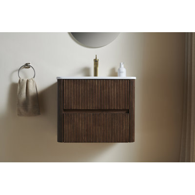 Noor 24" Bathroom Vanity With Sink, Wall-mounted Floating Plywood Bathroom Storage Cabinet With 2 Drawers, White Ceramic Basin, No Faucet, Pre-assembled, Retro Walnut Woodgrain Color