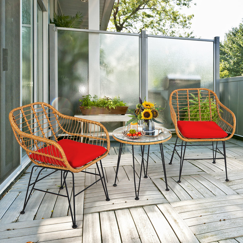 Adalard 2 - Person Wicker Patio Dining Set with Round Table , Cushions Included, Red