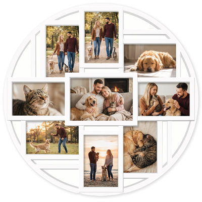Round White 9 Opening Collage Photo Frame, Mixed 4x6 & 5x7 Wall Gallery Frame for Family & Pet Photos