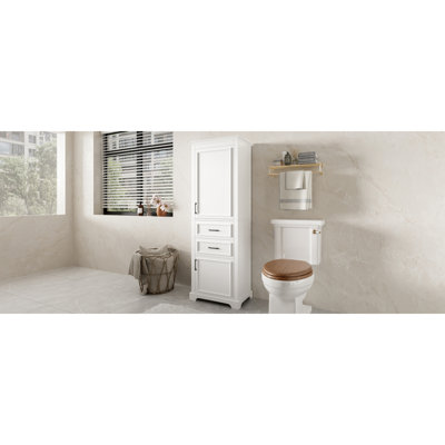 Meuble-lavabo autoportant de 71 pouces de hauteur avec portes et tiroirs à charnières amortissantes, avec un design moderne et élégant. Comprend des tablettes réglables, une tablette fixe et un rangement peu encombrant.