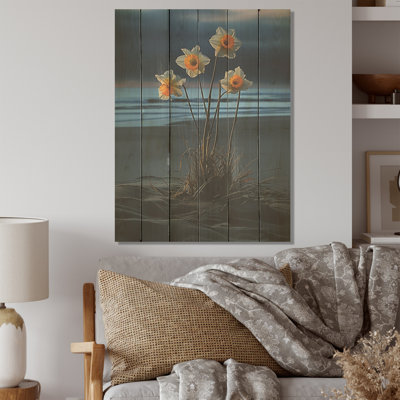 Jonquilles en fleurs sur la plage - Art mural en bois jonquilles sur bois de pin naturel