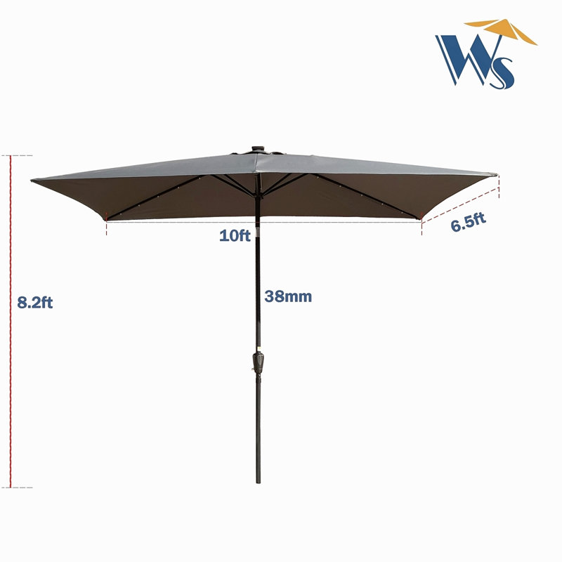 Parasol d'extérieur à DEL solaire 10 x 6,5T avec manivelle et bouton poussoir inclinable pour la cour, Gris