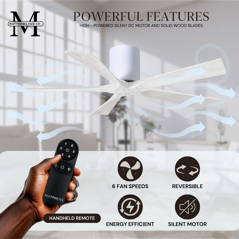 60" Irene 5-Blade Hugger Ceiling Fan with Wall Remote, 52", Gloss White, Matte White