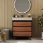 Meuble-lavabo de style Mid-Century de style moderne avec lavabo vasque en céramique intégré, plateau en pierre frittée teintée et compartiment inclinable pour une pierre à gratter minimaliste à récupération rapide, un drain réglable