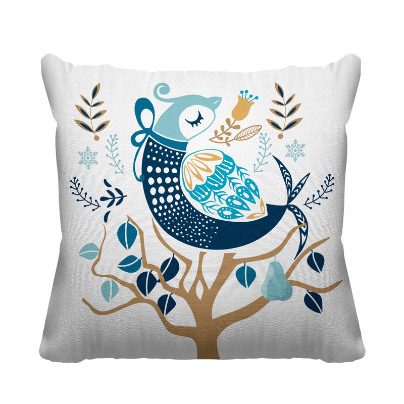 Coussin intérieur / extérieur scandinave Patridge On A Pear Tree, L 19 po x H 19 po, Bleu