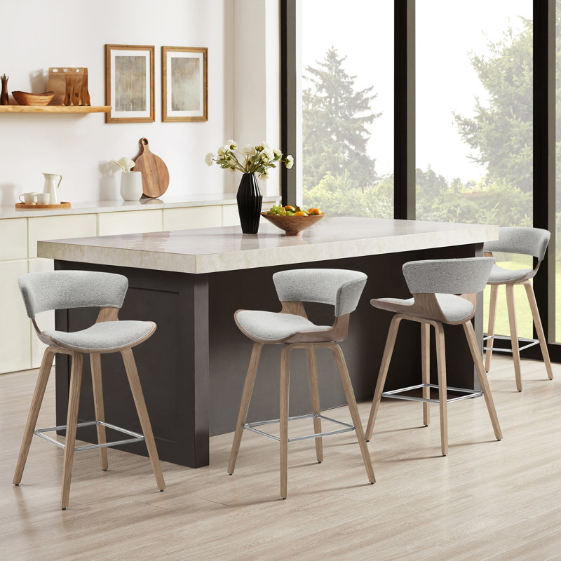 26.97" Boucle Upholstered Counter Stool With Wood Frame (Set of 4), White Gray