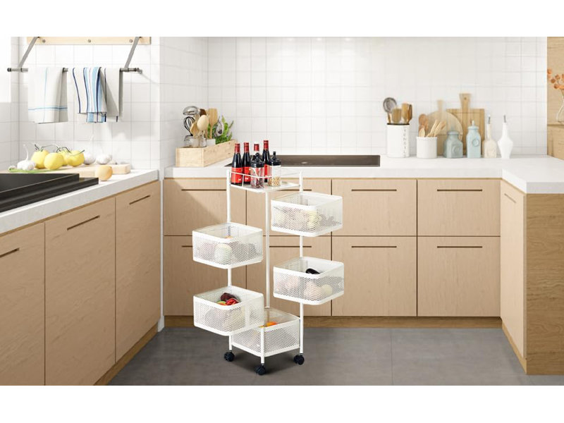 No Assembly Needed 5-Tier Rotating Metal Kitchen Storage Cart – Mesh Baskets, Rolling Organizer, Fruit & Vegetable Rack for Pantry – Space-Saving, Top Lid – Black
