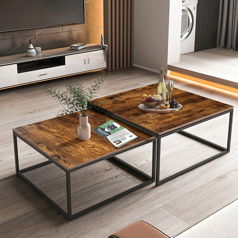 Rustic Brown and Black Square Wood Metal Nesting Coffee Tables, 2 Piece Set