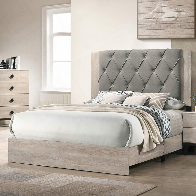 Rubberwood Frame Upholstered Bed, Crème/gris