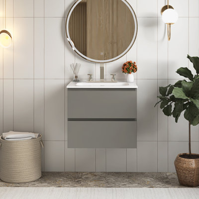 Meuble-lavabo mural 24 po avec lavabo en céramique et trois trous de robinet