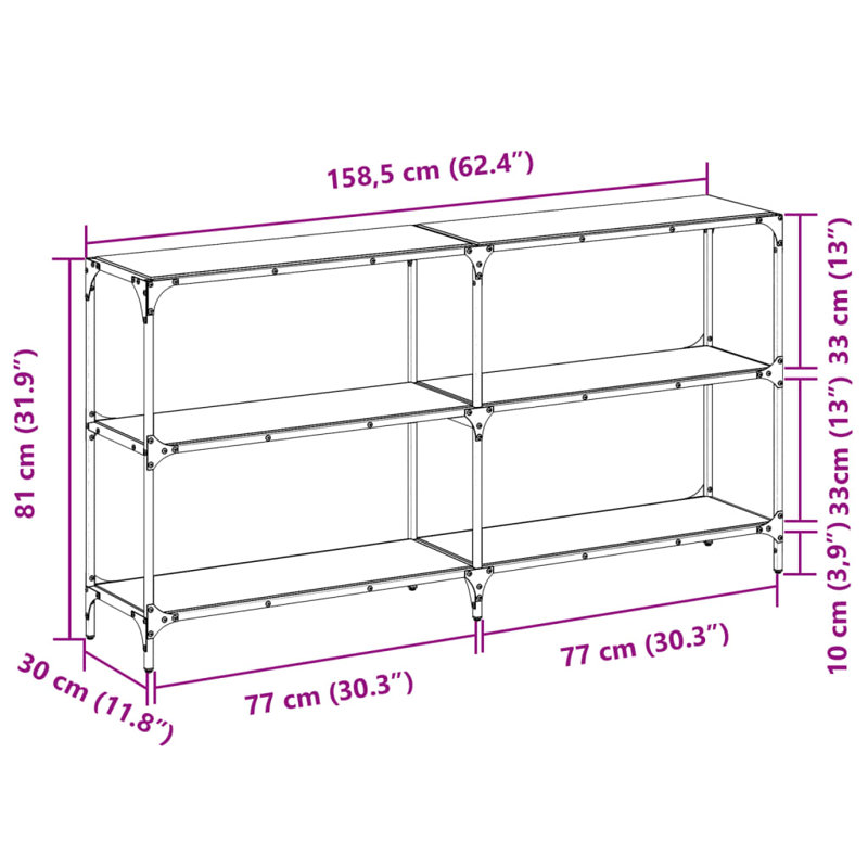 Console Table With Glass Top Steel, Black Glass, 81cm H x 158.5cm W x 30cm D