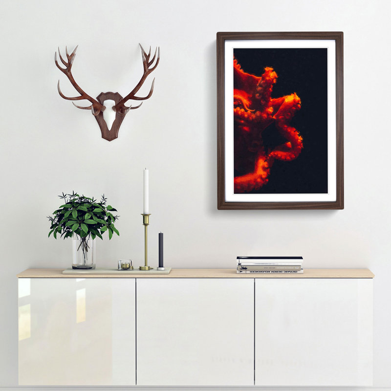 Red Octopus - Picture Frame Graphic Art Print, Walnut Framed, 87cm H x 62cm W x 2cm D