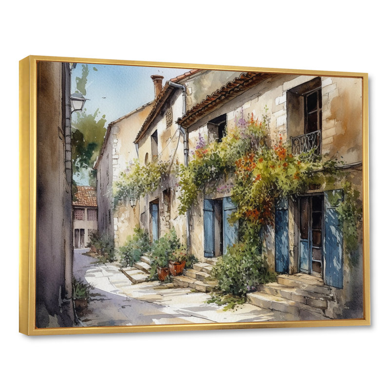 Riata, village méditerranéen, rue V - Paysage, art mural chalet, H 34 po x l 44 po x P 1,5 po, Cadre flottant doré