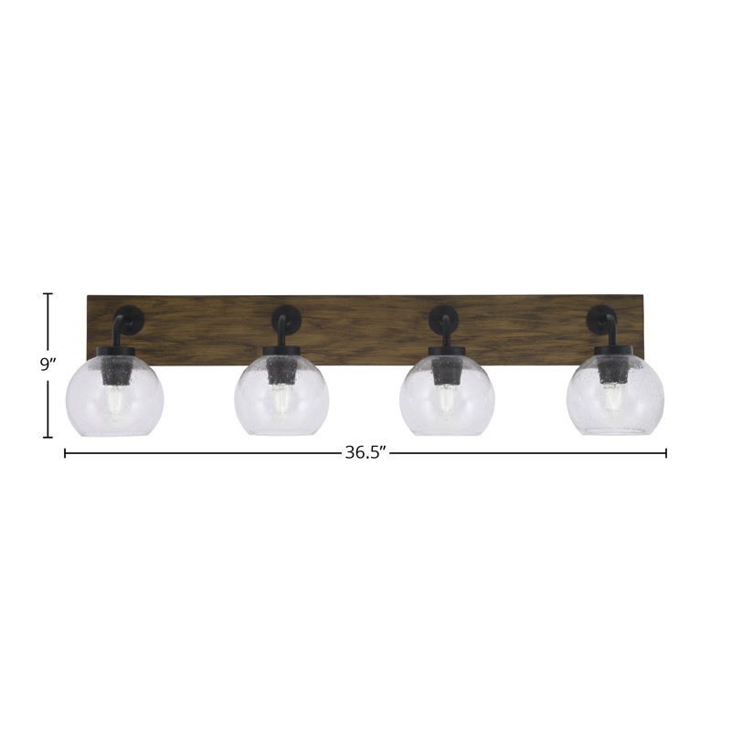 Oxbridge 4 Light Bath Bar Shown With 5.75" Glass, Clear Bubble, Matte Black/Brown