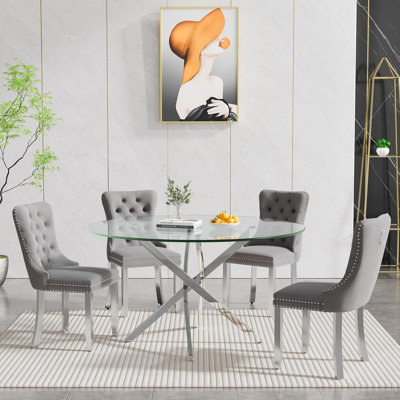 47.24" Glass Dining Table Set, Modern Dining Room Table Set, X-Shape Pedestal Glass DiningTable with Dining Chairs, Kitchen Dining Set for Dining Livi by House of Hampton