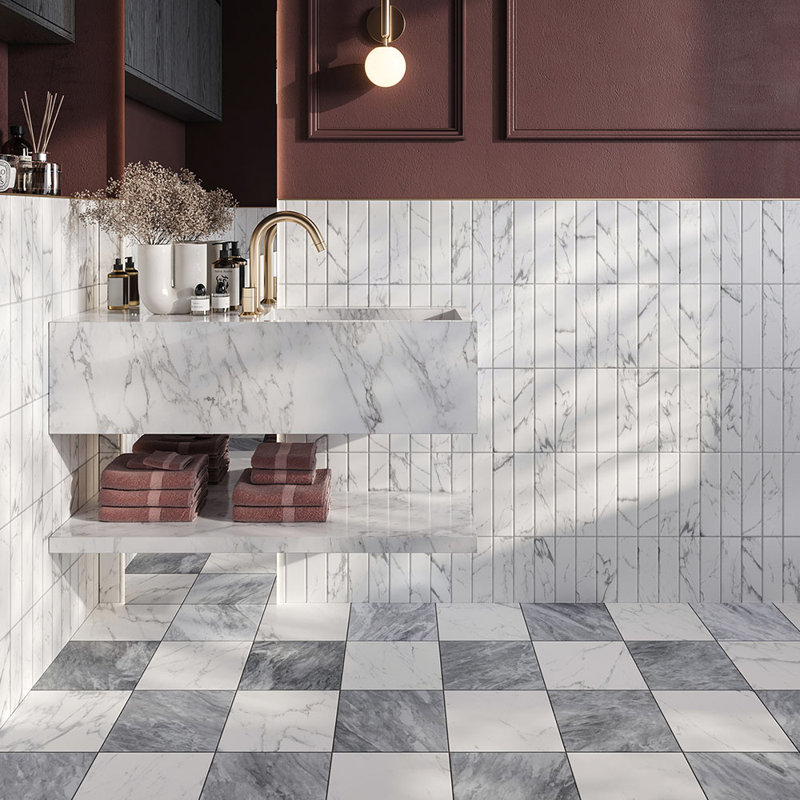 Tavari Checkerboard 10X10 Carrara And Bardiglio, Gray/White